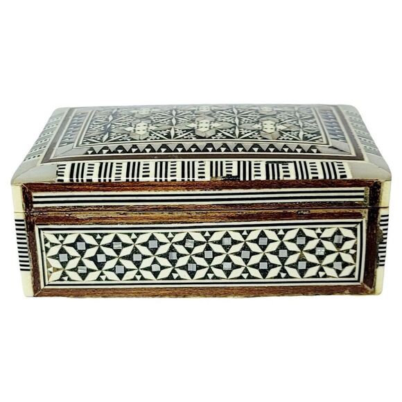 Egyptian Inlaid Mother of Pearl Ebany Eood Parquetry Inlay Hinged Jewelry Box - Picture 2 of 12